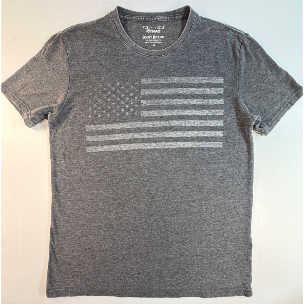 Lucky Brand Venice Burnout Mens Gray American Flag Graphic T-Shirt Size M